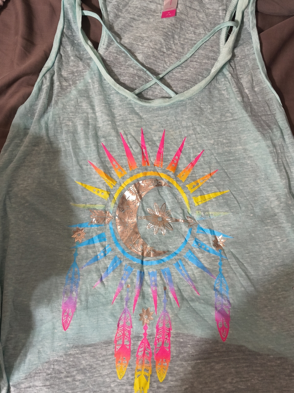No Boundaries Light Blue Graphic Tank with Metallic Moon & Feather Print